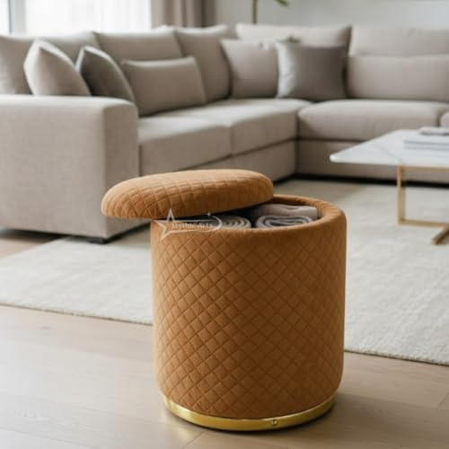 Image of Premium Round Storage Ottoman Stool 16 X 16X 19 inch, with Gold Metal Base | Luxury Pouffe with Hidden Storage | Cushioned Footrest for Living Room, Bedroom & Lounge Coffee