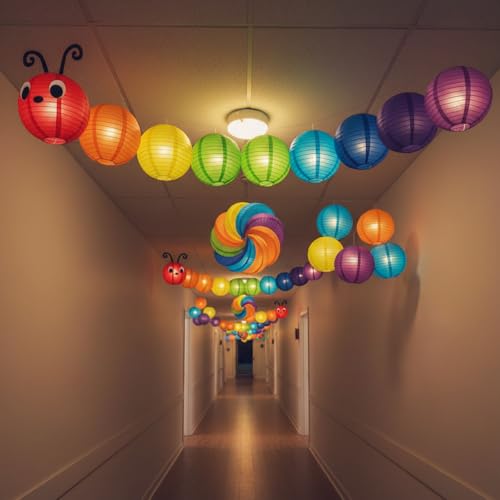 Image of Hortsun 7 Pcs Caterpillar Theme Birthday Decorations Caterpillar Paper Lanterns Sets for School Classroom Birthday Party Favors, with Eyes Mouth Feelers Glue Point (Multicolor)