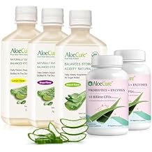 AloeCure Organic Aloe Vera Juice & Probiotics - 5 Pack - Grape, Natural, Lemon Flavor Juice, 2xProbiotics