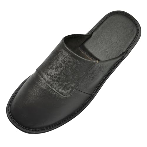 Image of Hwayslon Leather Slippers Men's Women's Leather Room Shoes Natural Cowhide Luxury Solid Color Unisex
