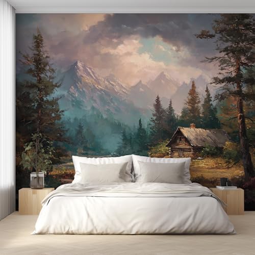 Fresque murale intissé haute définition paysage de montagne et ours sauvage