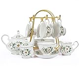 15-Piece Porcelain Ceramic Coffee Tea Gift Sets, Cups& Saucer Service for 6, Teapot, Sugar Bowl and Creamer Pitcher.