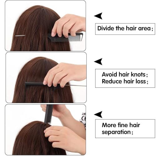 Image of Rat Tail Comb Parting Combs for Braiding Hair Carbon Styling Steel Pin Carbon Fiber Heat Resistant Teasing Barber Combs with 3 Pieces Plastic Styling Hair Clips for Hair Stylist (Black)