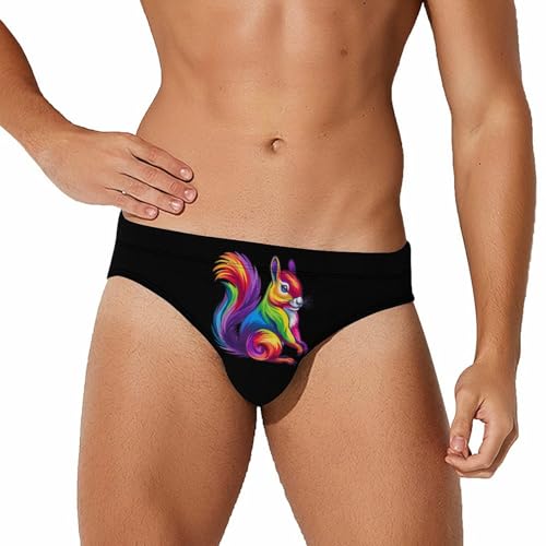Cute Rainbow Squirrel Men's Swimsuit Brief Quick Dry Bikini Swimwear Bathing Suit Beach Swimming Trunks