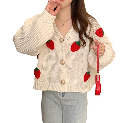 Womens Kawaii Strawberry Knit Cropped Sweater Cute Cardigan Aesthetic for Teen Girls Floral Y2k Korean School Uniform Jacket3