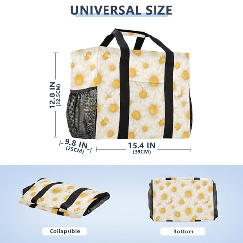 linqin Chic Daisy White Large Utility Tote Bag for Women Canvas Foldable Grocery Shopping Tote Sandproof for Travel3