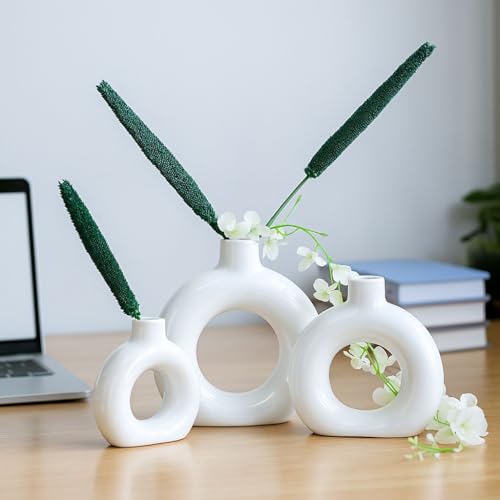Image of Modern Ceramic Ring Vase with Pink Floral Stems, White, Decorative Flower Holder for Home (6 x 6.5 5 x 5 4 x 4.5)