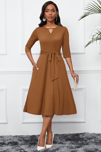 Image of CLOCOR Midi Dresses for Women Casual A-Line Fit and Flare Dress Crewneck 3 /4 Sleeve Keyhole Cocktail Party Church Dress