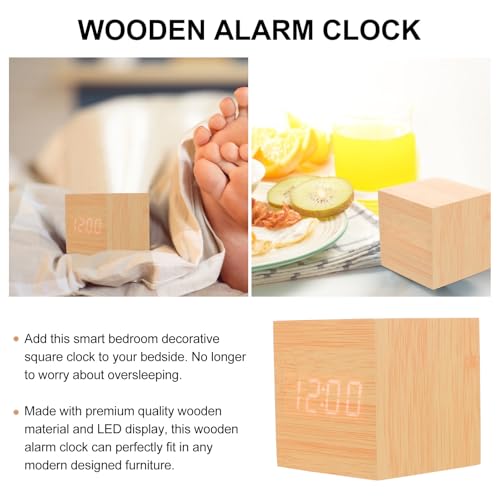 Reloj despertador digital LED madera con termómetro y cable USB para dormitorio 4