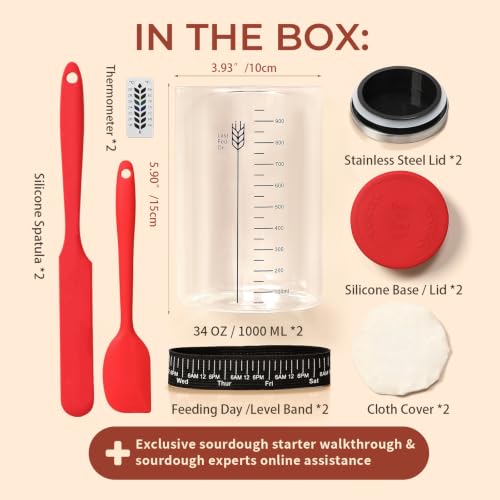 Image of Sourdough Starter Jar Kit,34oz Large Wide Mouth Sour Dough Jar Glass | Sourdough Bread Baking Supplies, Sourdough Tools for Beginners and Pro, Dishwasher-Safe, Borosilicate Glass, 2 Pack