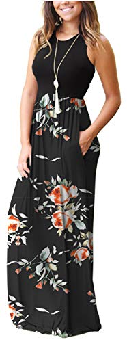 MOLERANI Women's Short Sleeve Floral Dress Loose Plain Maxi Dresses Casual Long Dresses with Pockets Rose Black 2XL