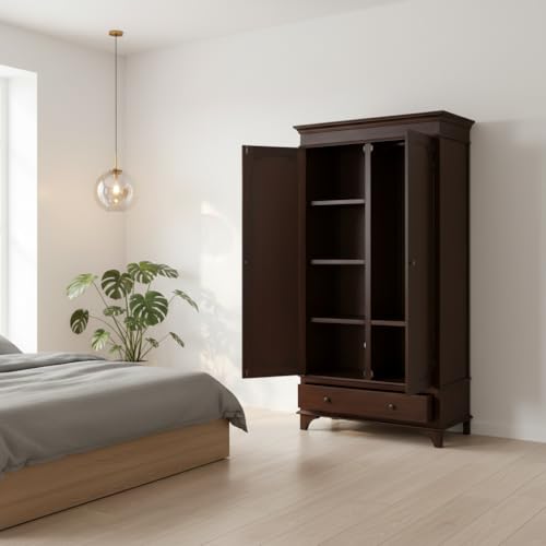 Image of APRODZ Wooden Wardrobe for Bedroom | 2 Door Engineer Wood Wardrobe with 1 Drawer | Wardrobe for Storage, Engineering Wood Clothes Cupboard & Wooden Almirah | Space Saving Wooden Cabinet, Walnut