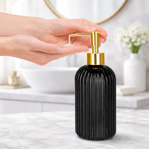 Image of Luxe Home International Vertical Ribber Pattern Glass Soap Dispenser for Bathroom and Kitchen Sink Leak Proof Liquid Hand Wash Round Bottle Lightweight Smooth Finish (19.5x7.5 cm Black) Pack of 1