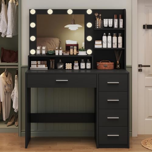 FIONESO Makeup Vanity Desk with Mirror, 10 Lights, 5 Drawers, 3 Storage Shelves, 3 Color Modes & Adjustable Brightness Dressing Table, 35.4” Vanity for Girls, Black