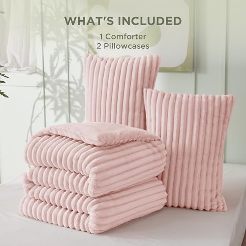 Image of Bedsure King Fluffy Comforter Set - GentleSoft 3 Pieces Luxury Fleece Pink Bedding, Cozy Room Decor Aesthetic, 1 King Bed Comforter (104 inchx90 inch) and 2 Pillowcases (20 inchx36 inch)