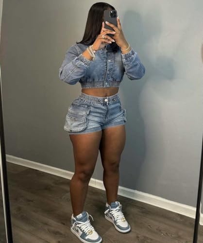 Molilove Women's Denim 2 Piece Outfits Summer Casual Crop Jacket High Waist Shorts Set Trendy 2025 Matching Jean Lounge Set2