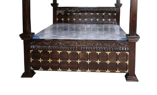 Image of Sheesham Wood Queen Size Pillar Poster Bed ‎Without Storage for Bedroom Living Room Solid Roosewood Wooden Cot Furniture Palang for Home (Walnut Finish)