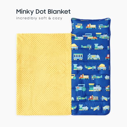 Image of Wake In Cloud - Toddler Nap Mat with Pillow and Minky Fleece Blanket, for Kids Boys Ages 3 Plus in Daycare Preschool Kindergarten, Roll Up Sleeping Bag, Planes Trains Trucks