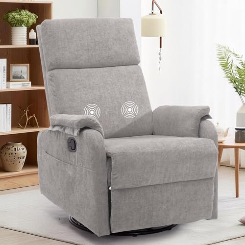 Image of Korser Swivel Rocking Recliner with Massage, Small Glider Chair for Nursery, Modern-Designed Armrests Chair for Adults Living Room, Chenille, Grey