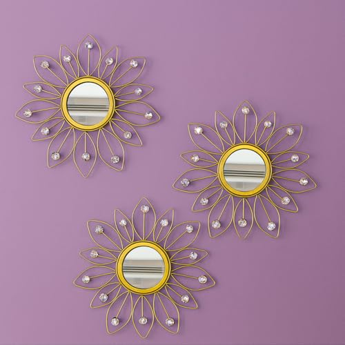 Image of Metal Sunflower Mirror Wall Decor with Crystals | Decorative Mirror Wall Mounted Mirror Wall Decor for Living Room Beautiful Modern Designer | Hanging Mirror Sculpture Set of 3 (Crystal Golden)