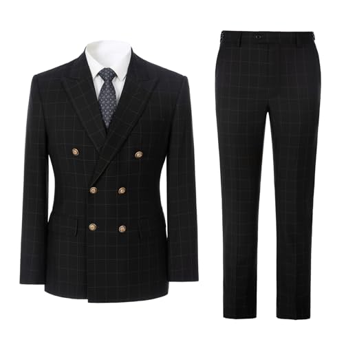 Men's 3 Piece Suits Slim Fit Plaid Double Breasted Blazer Vest Pants Set Wedding Party Tuxedo