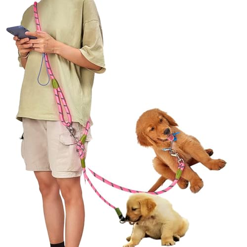 DICOCO リード 犬 肩掛け 1.65-1.7M 反射犬用リード 持ちやすい 犬のリード 小型犬 中型犬 大型犬 リード 長い お出掛け 犬リード お散歩グッズ 耐久性 ドッグリード イヌ 使いやすい 牽引ロープ(ピンク、2匹用)