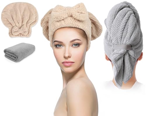 Molirex Hair Towel Wrap for Women 2 Pack Super Absorbent Quick Dry Hair Plopping Towel Curly Anti-Frizz Hair Turbans for Wet Hair Grey Khaki