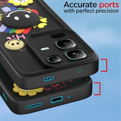 Image of Pikkme Back Cover for Infinix Note 50s 5G | Soft Silicone| Cute Rainbow Smile & 3D Cartoon Flower Design | Shockproof Raised Camera Protection Bumper Case (Black)