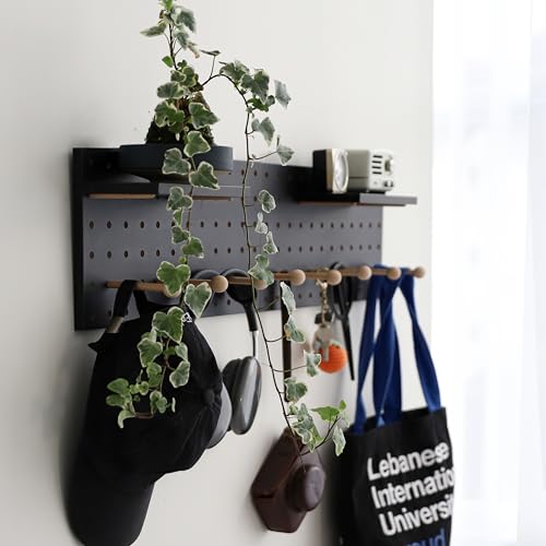 Image of XAOMLP Wooden Pegboard Accessories Set: Modular Wall Hooks & Shelf for Garage, Office & Home Organization(Black Colored Finish-B)