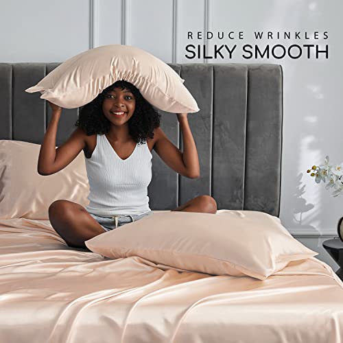 Image of MR&HM Satin Bed Sheets, Full Size Sheets Set, 4 Pcs Silky Bedding Set with 15 Inches Deep Pocket for Mattress (Full, Champagne)