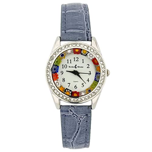 Glass Of Venice Murano Glass Watch Millefiori and Crystals with Leather Band - Light Blue