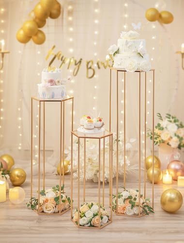 Inweder Cylinder Pedestal Stand for Party: 23.6/29.5/35.4in Hexagon Gold