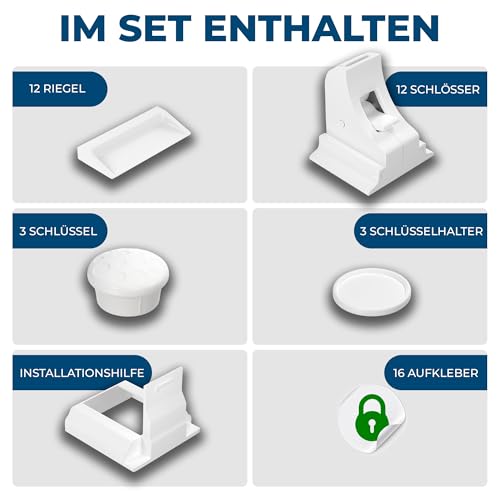 Hoffenbach Magnetische Kindersicherung 12 Schlösser + 3 Schlüssel – Schranksicherung & Schubladensicherung ohne Bohren – Unsichtbarer Magnetverschluss – Weiß