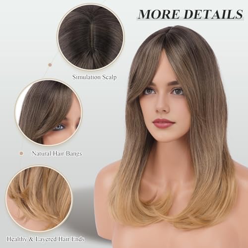 Image of FESHFEN Brown Ombre Blonde Wigs with Bangs, Synthetic Natural Looking Long Layered Straight Hair Wig for Women Daily Party Use, 18 inch