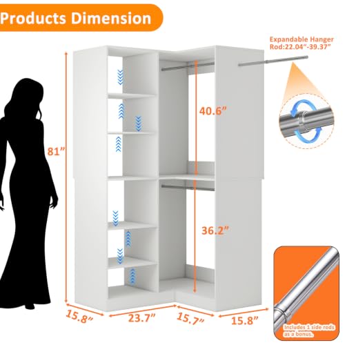 Image of Corner Walk in Closet System with 6 Shelves & 3 Hanging Rods, 81 inch Tall Corner Closet Organizer Tower, Wooden Closet Storage Cabinet with Rod, White