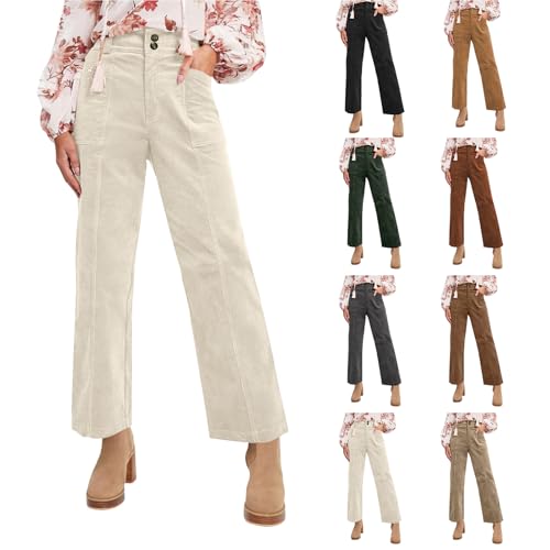 Corduroy Pants Women Straight Leg Elastic Waist Work Pants Casual Loose Ankle Jeans Vintage Teacher Pants with Pockets