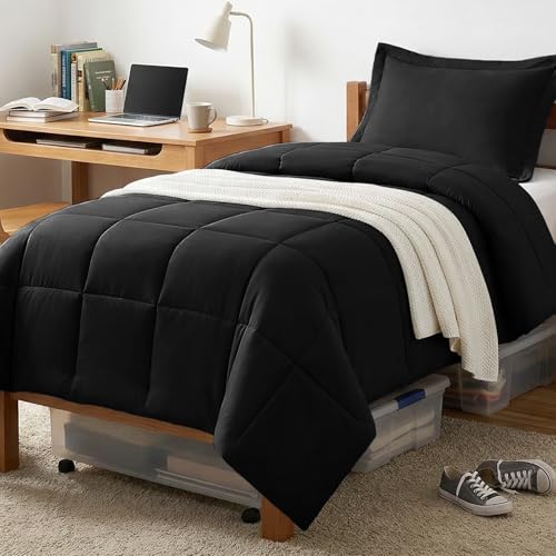 CozyLux Twin/Twin XL Comforter Set Black - 270GSM Box Stitched Bedding Set for College Dorm & Back to School Lightweight All Season for Teen Boys Girls 2 Pcs with Comforter and Pillow Sham