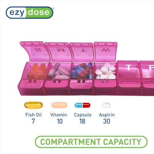 Image of Ezy Dose Weekly (7-Day) Pill Organizer, X-Large Medicine Planner, Pink | Daily Vitamin & Supplement Case, Spacious Push-Button Compartments, Convenient & Easy to Use, Travel-Friendly, BPA-Free