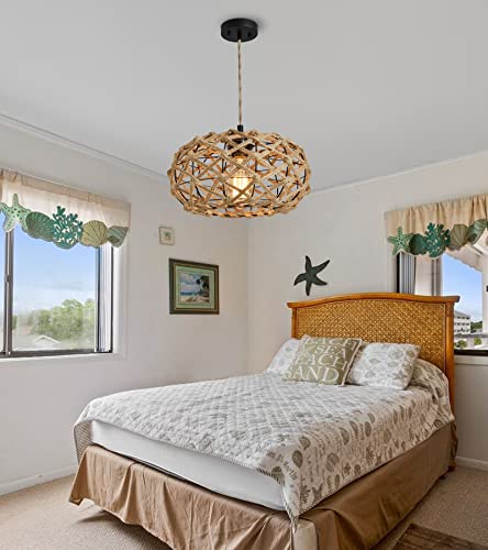 AMZASA Boho Pendant Light Rustic Hand-Woven Hemp Rope Cage Basket Rattan Hanging Lamp Wicker Coastal Retro Light Fixtures for Hallway Entryway Kitchen Island Dining Room - Image 8