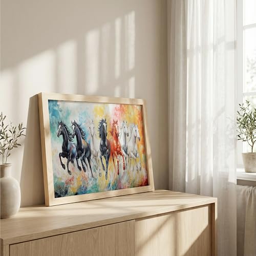Image of Suneree 7 Horse Vastu Wall Painting - Abstract Colorful Running Horses Framed Wall Art for Living Room & Office Decor (Natural, Design 12, 10x13 Inch)