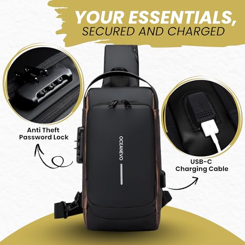 Image of OCEANEVO Stylish Anti Theft Crossbody Sling Bag for Men WITH Luggage Tag, Chest Bag for Travel WITH Lock and USB Charging Port