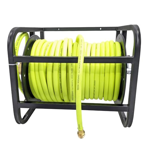 Image of Dolphy Steel Floor Mounted Manual Water Hose Pipe Reel with 1 /2 in. x 60 Meter (197 FT) Rubber Hose-150 PSI