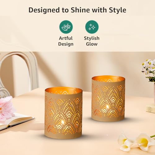 Image of Amazon Brand - Solimo Tea Light Votive - Round Shape, Peach Finish with Gold Interior, Set of 4 (Size: L-7.5 cm x W-7.5 cm x H-10 cm)