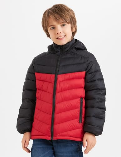 Image of Boys Hooded Lightweight Puffer Jacket Waterproof Winter Coat | Insulated warmth for school commutes, soft chin guard, chevron quilted channels stop fill shifting, windproof, inside pocket