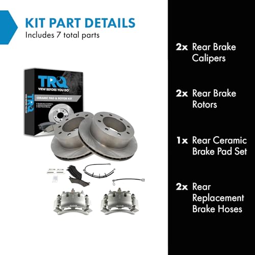 Image of TRQ Rear Brake Pad, Caliper, Hose, & Rotor Kit Ceramic Compatible with 2003-2007 Ford E-250 2000-2002 E-250 Econoline