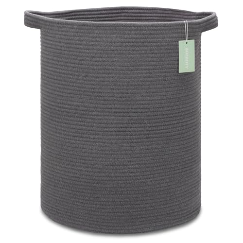 Image of BOSROTY Large Cotton Rope Laundry Hamper 72L, Tall Baby Nursery Hamper, Woven Storage Basket for Living Room Bedroom, Laundry Basket for Storage Toys Clothes Towels, 16”x 22”, Dark Gray