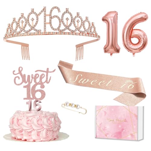 Decoration 16th Birthday Girl, 16th Birthday Crown and Sash, Cake Decoration Birthday and Candles, Rose Gold Foil Balloon 16, 16th Gift for Girls Birthday Party Decoration Supplies Decoration 16th Birthday Girl, 16th Birthday Crown and Sash, Cake Decoration Birthday and Candles, Rose Gold Foil Balloon 16, 16th Gift for Girls Birthday Party Decoration Supplies