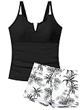 TyeSmo Girls Swimsuit Size 8 V-Neck Cutout Tankini Girls Bathing Suits Size 8-10 Tropical Floral Swimwear with Shorts 2 Pcs Girl Swimsuit Size 10 Bathingsuit for Girl Black