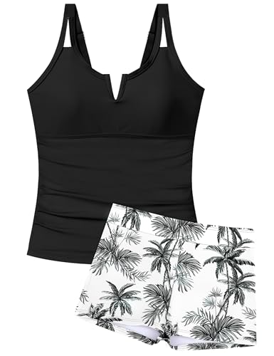 Girls Swimsuit V-Neck Cutout Tankini Tropical Print Swimwear with Shorts 2 Piece Bathing Suit for Girls 7-16Y