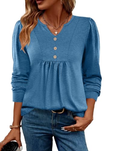 Zeagoo Womens Tops Casual Oversized Tshirts Pleated Henley V-Neck Shirts Fall Long Sleeve Tunic Top Loose Fit Hide Belly Pleated Dressy Blouse Blue